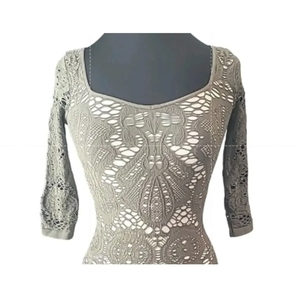 Free People Intimately Green Crochet Long Sleeve Bodycon Mini Dress XS Romantic